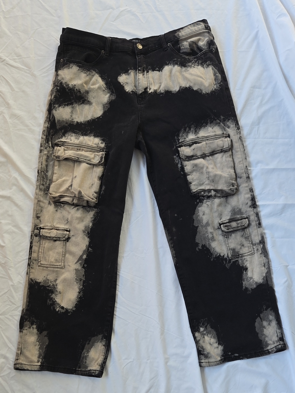 Men's FRV21 Black Jeans With Off White Bleach Patterns All Over, Multi Pockets.